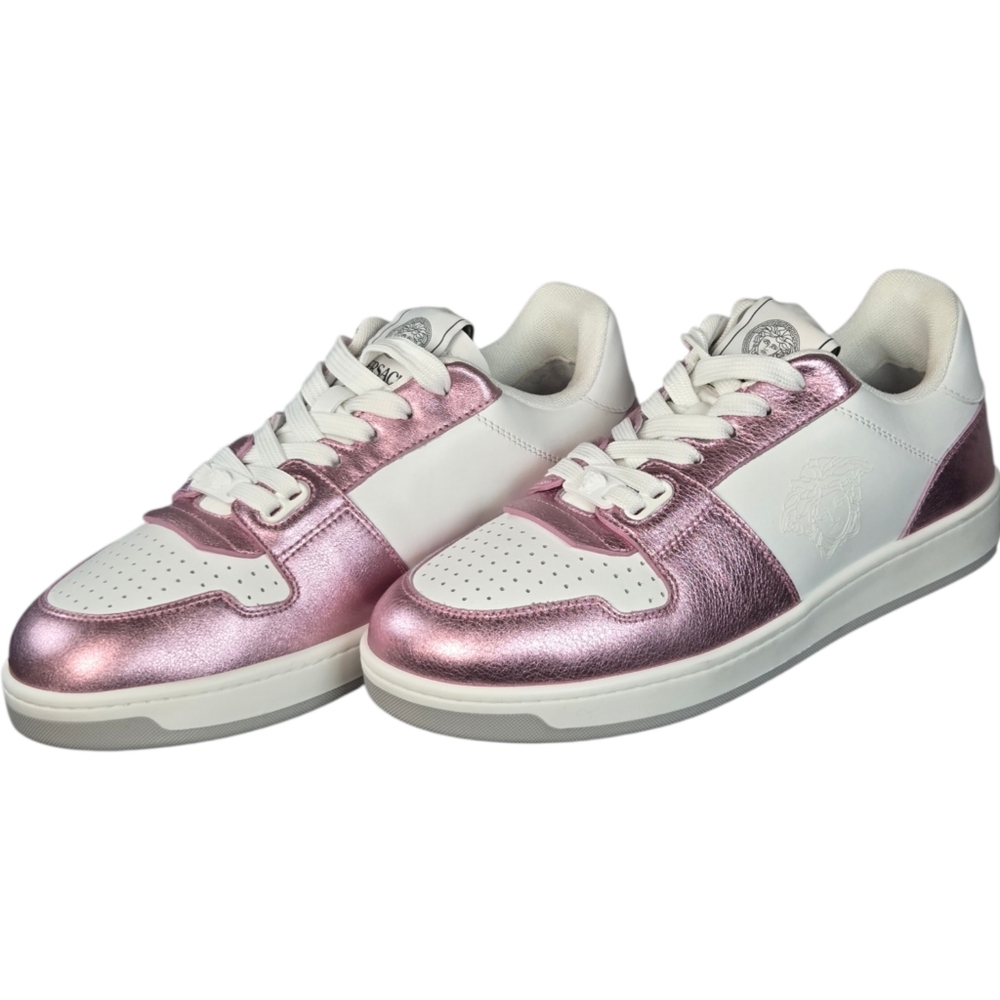 NIB $725 VERSACE Medusa Low Top Sneakers Pink Metallic White Leather US 10 IT 40